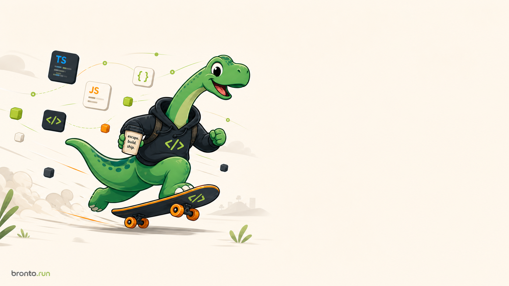 A hoodie-wearing brontosaurus on a skateboard escaping a rat-race maze with code chunks flying behind it.